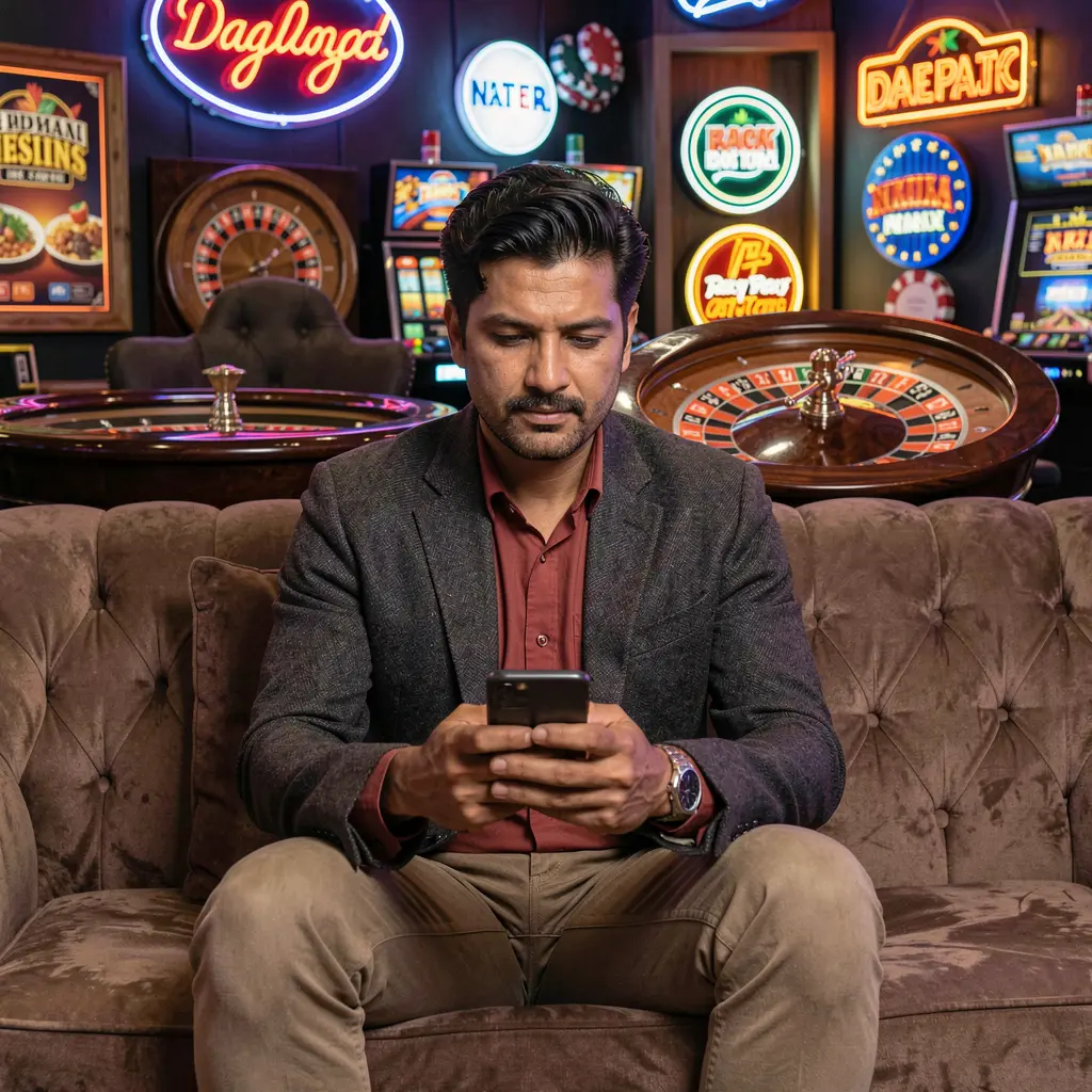 Relaxed Nepalese man using the 333x casino app on his phone with glowing roulette wheels and neon casino signs behind him