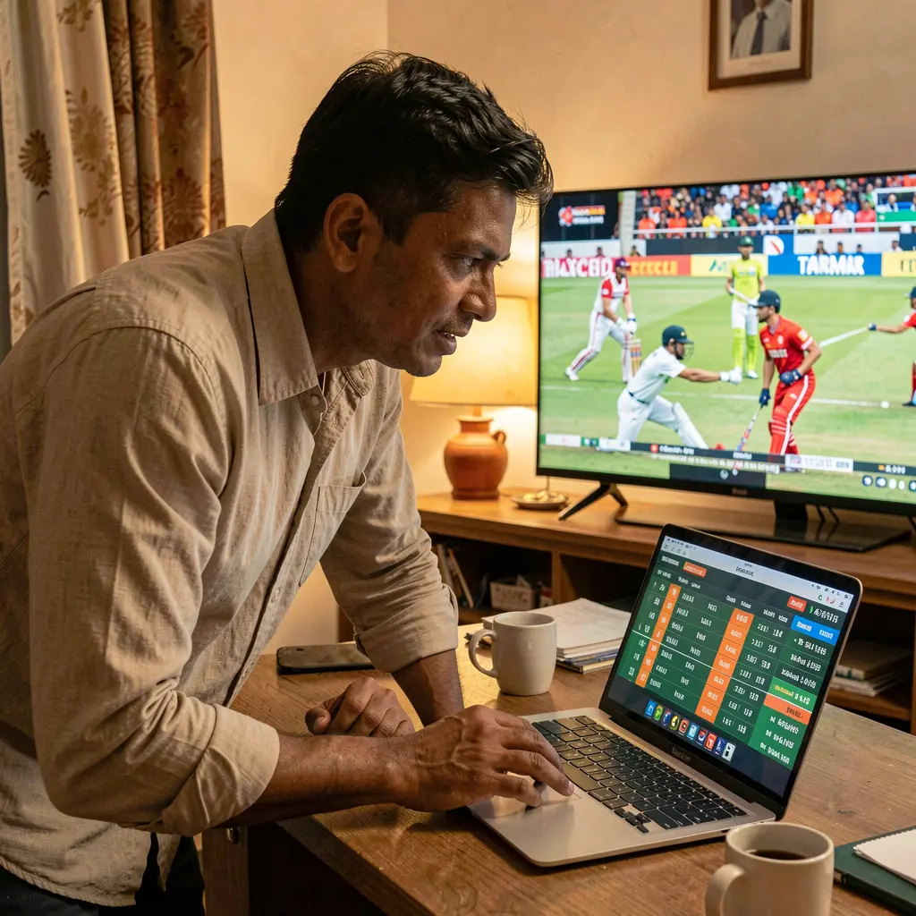 Focused Nepali sports bettor reviewing live cricket odds on the 333x APP while watching match highlights in a warm indoor setting