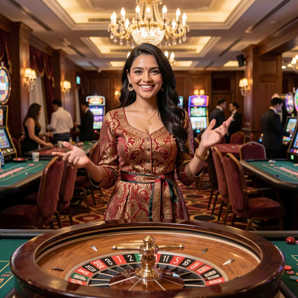 Elegant female casino dealer standing at a roulette table in a luxury gaming hall representing the high quality live casino experience available on 333x APP in Nepal